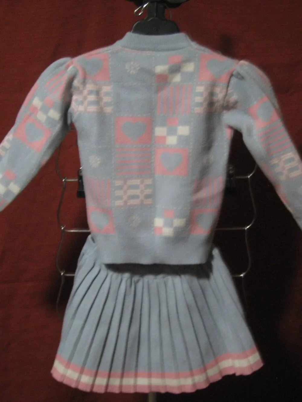 Vintage 80s Girls Pastel Knit Sweater Skirt Set Hearts Checkered Light Blue